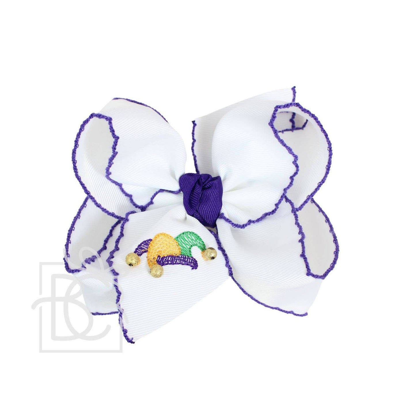 5.5" Embroidered Mardi Gras Crochet Edge Bow: Embroidered Mardi Gras Jester Hat / 5.5" Huge - 2.25" Crochet Edge Grosgrain Ribbon