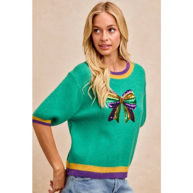 Mardi Gras Ladies Sequin Ribbon Patched Sweater Top