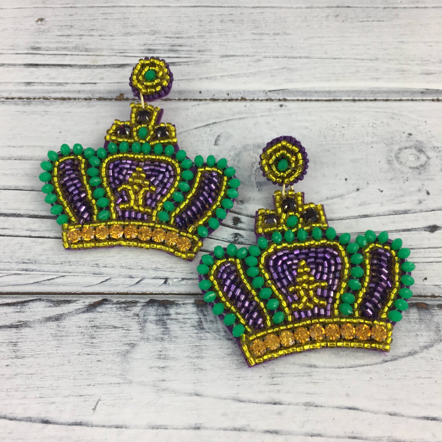 Mardi Gras bead and rhinestone crown earrings