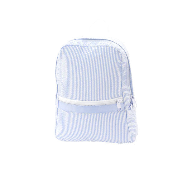 Small baby blue seersucker backpack