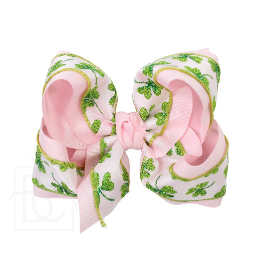 ST. PATRICK'S LIGHT PINK/GLITTER CLOVER HAIR BOW ON ALLIGATOR CLIP