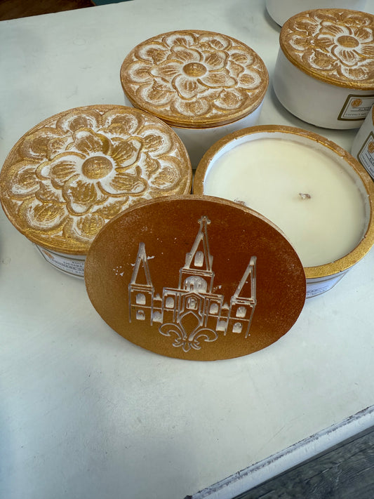 8 oz Reusable Nola Candles w/ Decorative lids * due to delicate nature of this product shipping is not offered. Pick up is offered only.