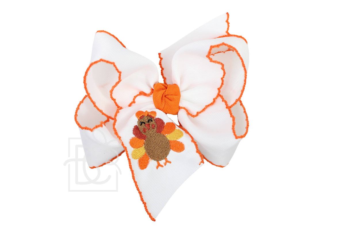 EMBROIDERED TURKEY 5.5" HUGE CROCHET EDGE HAIR BOWS : White w/ Orange Crochet Edge