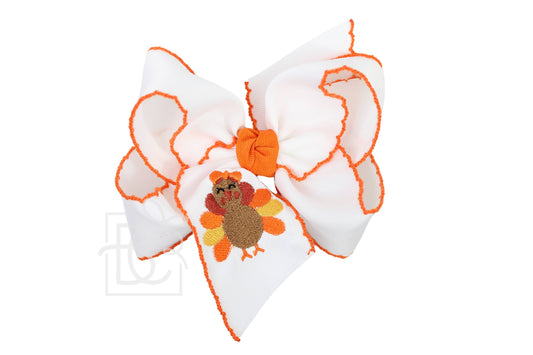 EMBROIDERED TURKEY 5.5" HUGE CROCHET EDGE HAIR BOWS : White w/ Orange Crochet Edge