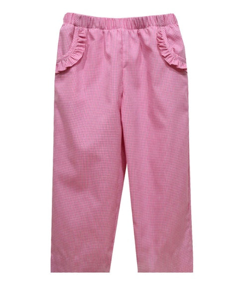 Candy pink gingham ruffle pocket girls pant