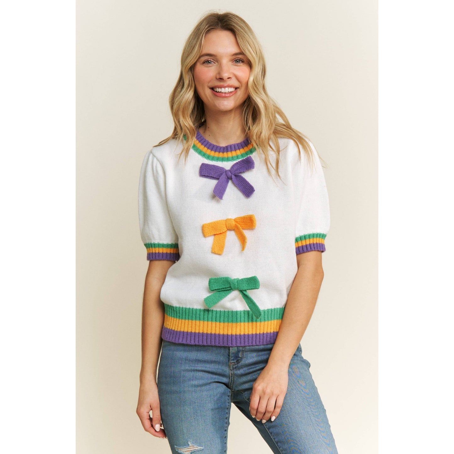 MARDI GRAS BOW DETAIL PUFF SLEEVE PULLOVER TOP