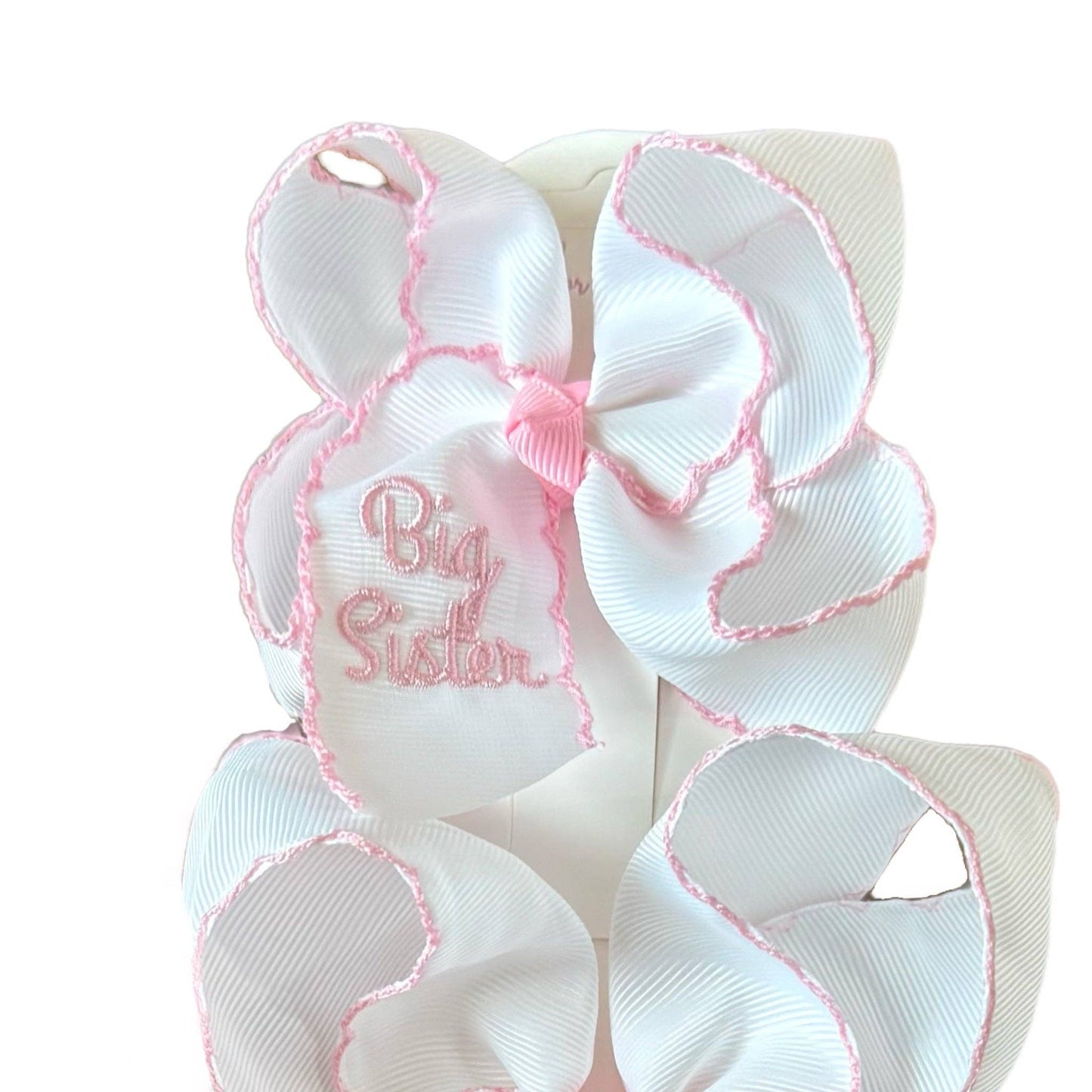 Big Sister Embroidered Moonstitch Hair Bow: Blue or Pink