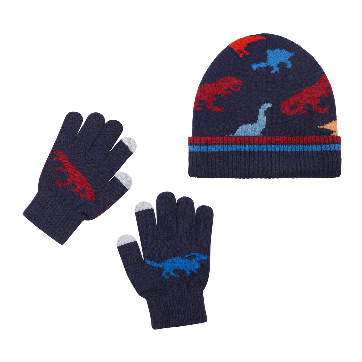 Boys Toddler Cold Weather Hat & Glove Set: NAVY DINO