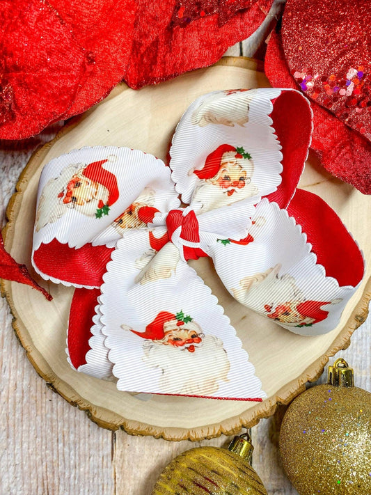 Scalloped Santa Print Glitter Hair Bow in Red