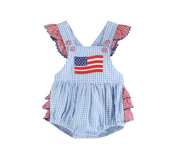 Light Blue and Red Gingham USA Flag Ruffle Romper