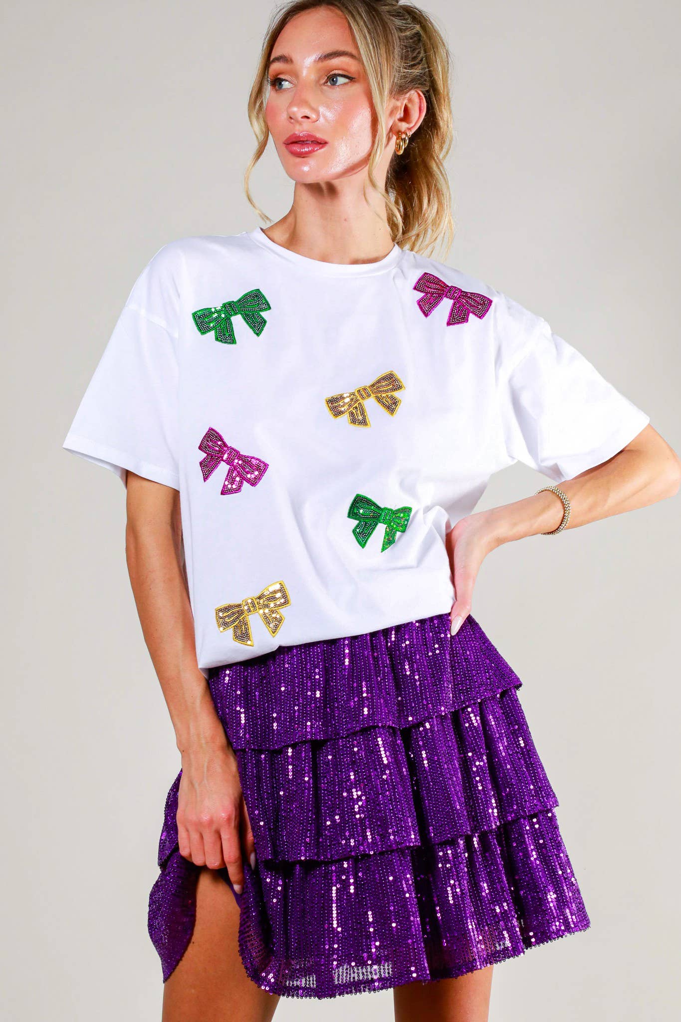 Mardi gras. Short Sleeve Sequin Bow Shirt