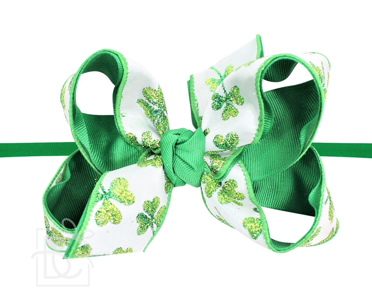 1/4" PANTHOSE HEADBAND W/ EMERALD/GLITTER CLOVER BOW