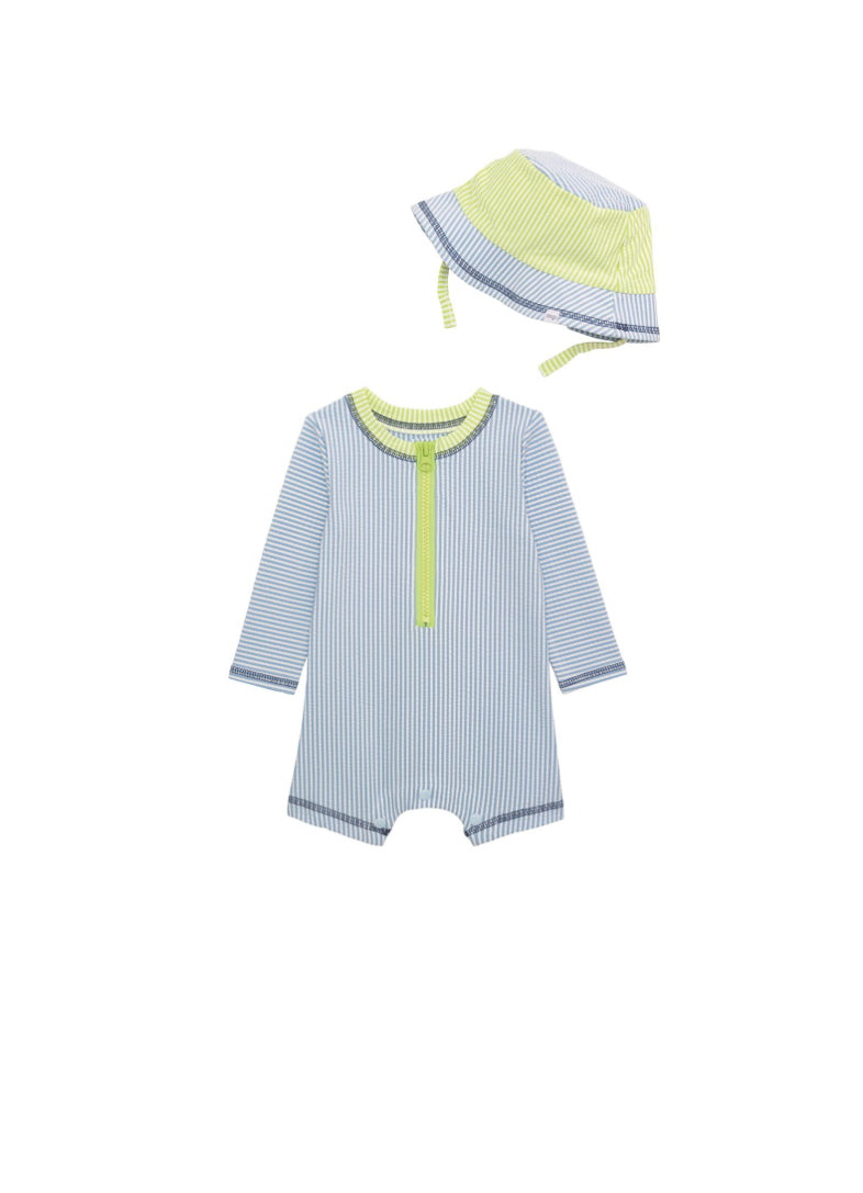 Blue Seersucker Rash Guard One-Piece w/ Hat