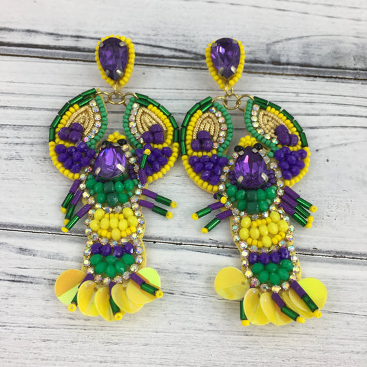 Mardi Gras Bead and Rhinestone Crawfish Earrings