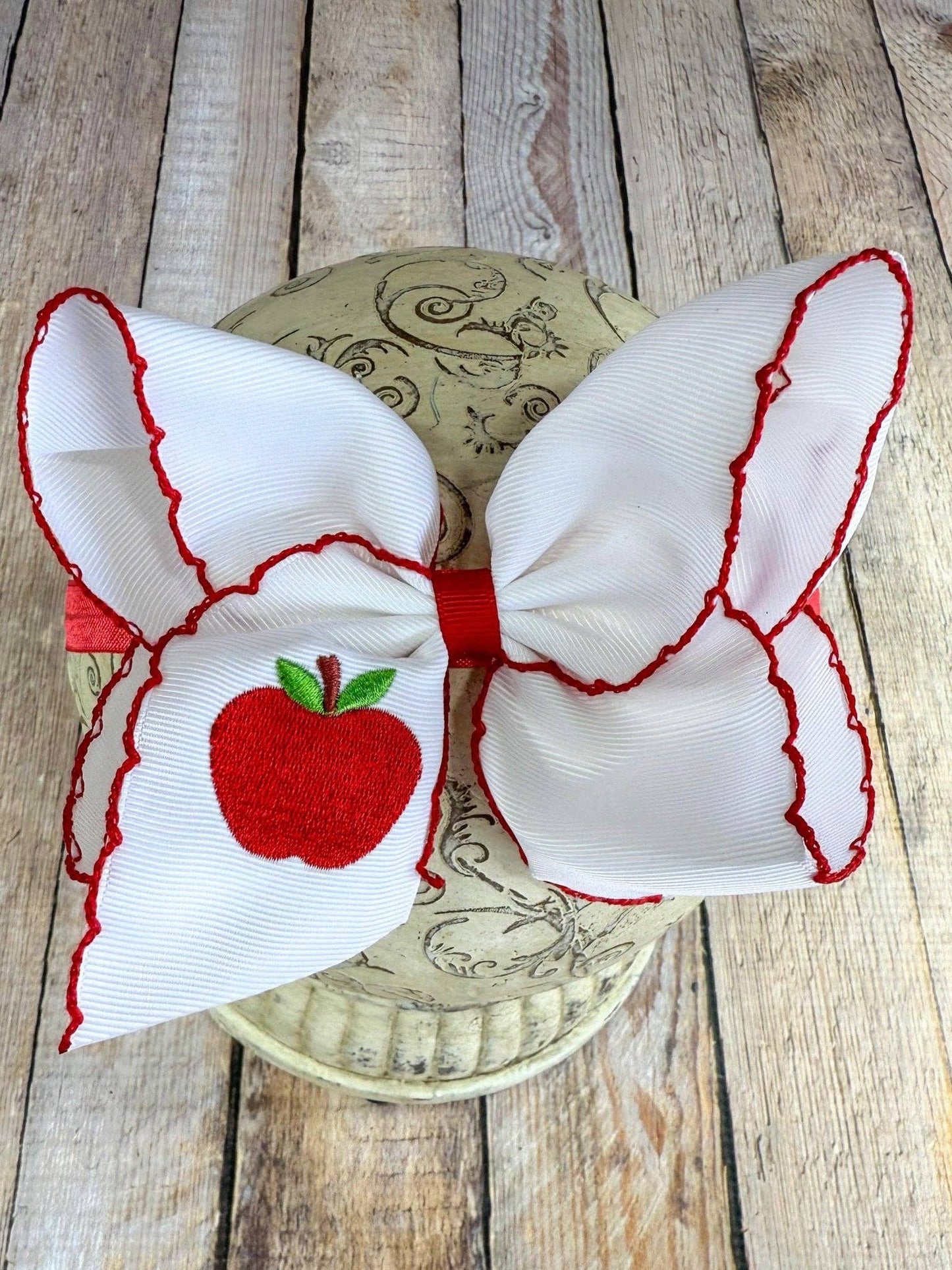 White Apple Embroidered Moonstitch Hair Bow