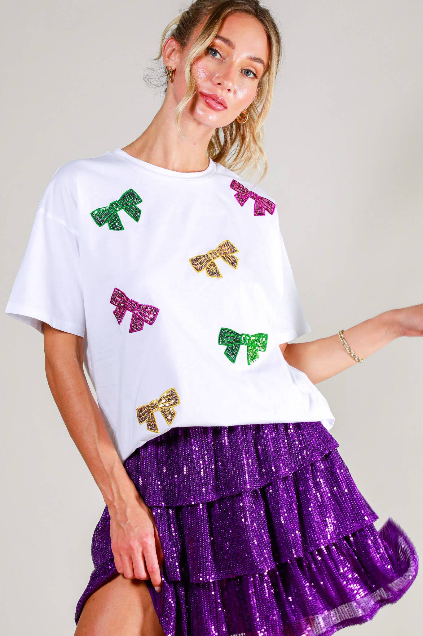 Mardi gras. Short Sleeve Sequin Bow Shirt