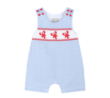 Blue Gingham Crawfish Smocked Shortall