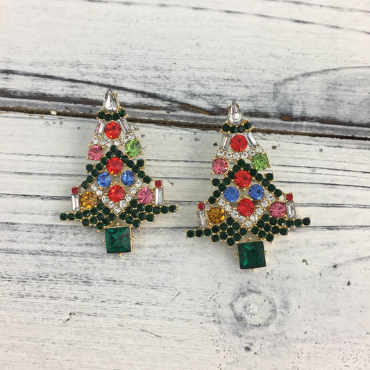Rhinestone Christmas tree earrings 