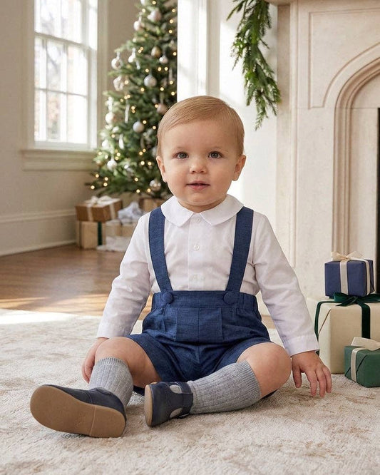 Silk Baby Boy & Toddler Navy Suspender Shorts Set: Navy Blue