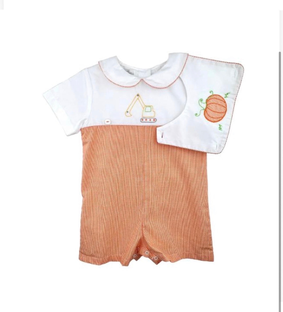 Romper W/ Removable  Bib: Excavator and Pumpkin