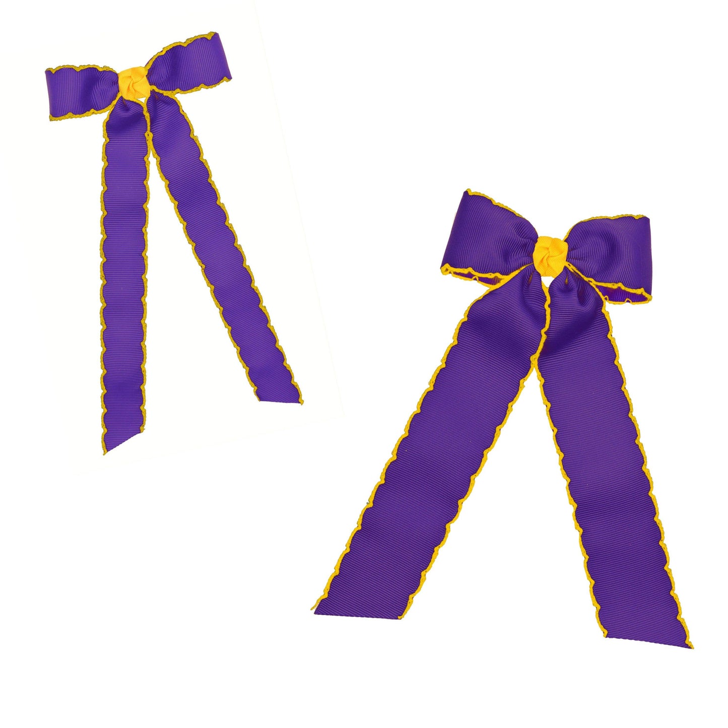 Moonstitch Two Tone Flat Bow Streamer (Purple & Yellow Gold): 4.5" Large - 1.5" Ribbon on Alligator Clip