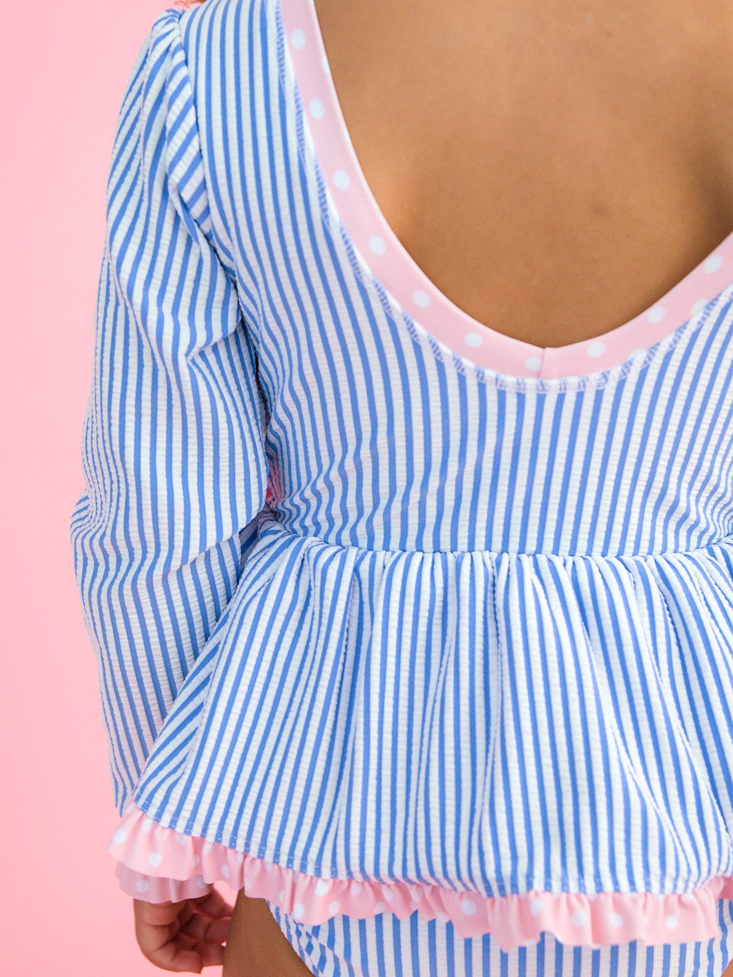 Girls Periwinkle Blue Seersucker Long Sleeve One Piece Bow Peplum Rash Guard Swimsuit