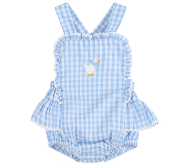 Blue Gingham Goose Lace Bow Ruffle Romper
