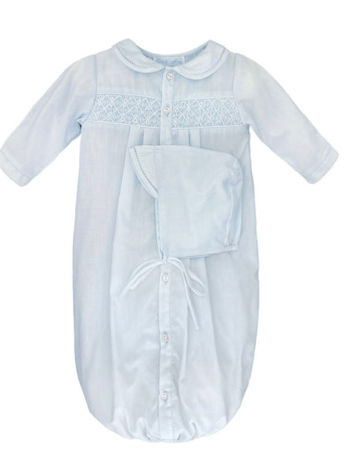 Blue smocked gown with hat