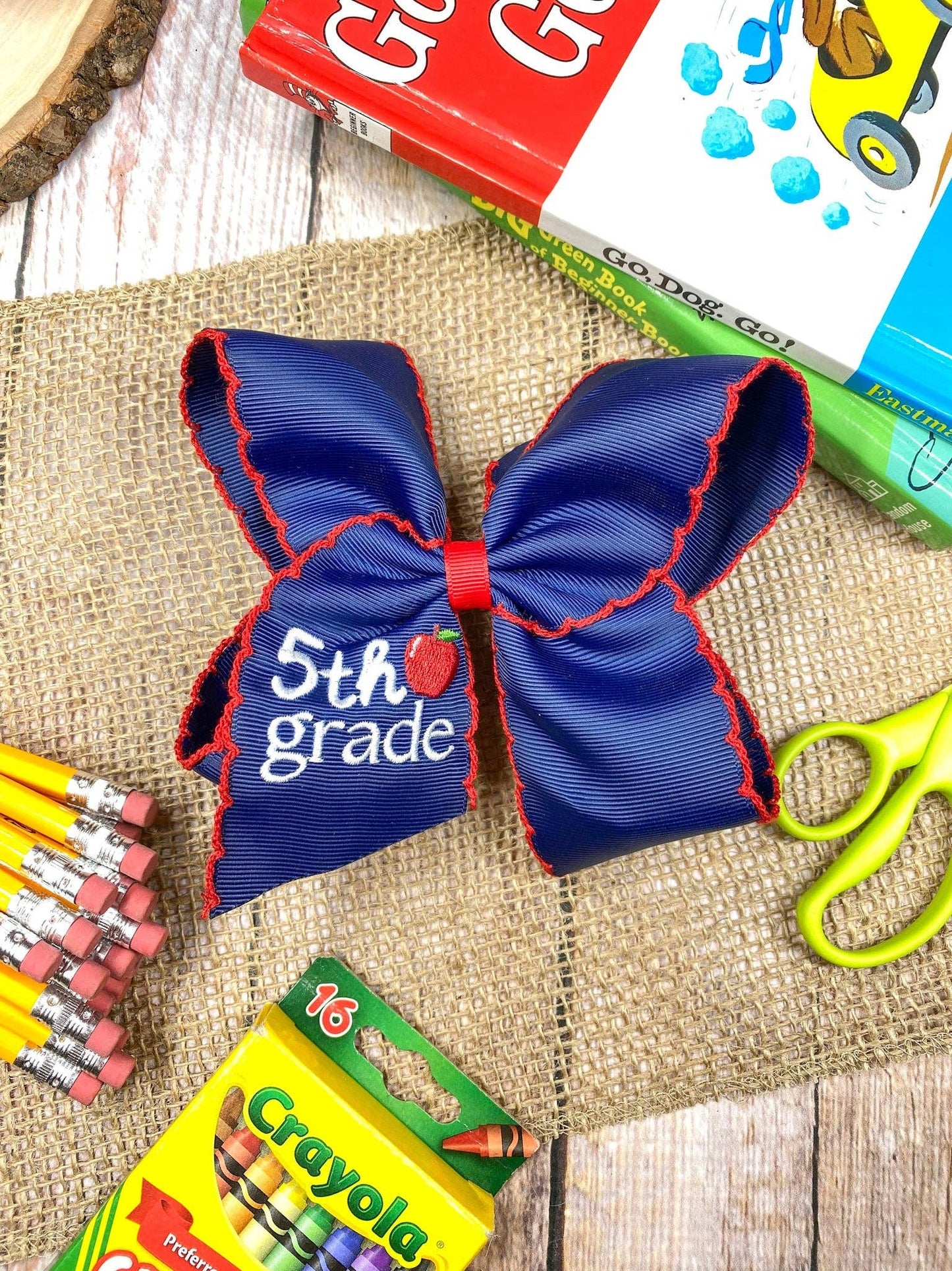 School Grade Embroidered Apple Moonstitch Bow