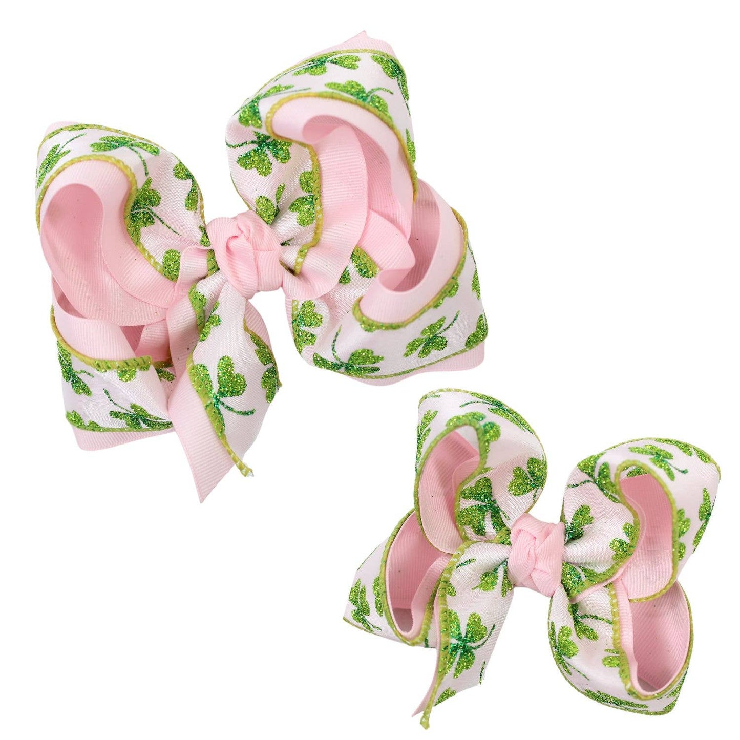 ST. PATRICK'S LIGHT PINK/GLITTER CLOVER HAIR BOW ON ALLIGATOR CLIP