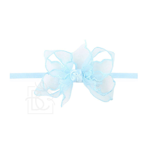1/4" PANTYHOSE HEADBAND W/ SCALLOPED ORGANZA BOW: Light Blue / 3.5"