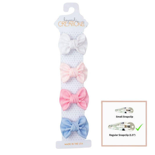 4 PACK - 2" TODDLER ANNE BOW ON SNAP CLIP: Pastel 6 Pack - White; Light Pink; Pink; Millennium Blue; Light Yellow; Aquamarine