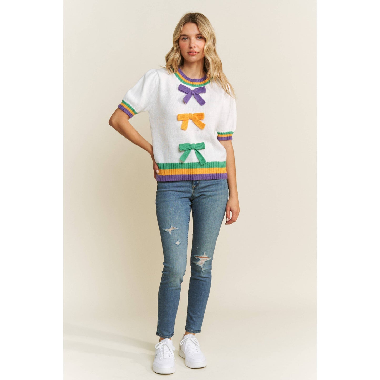 MARDI GRAS BOW DETAIL PUFF SLEEVE PULLOVER TOP