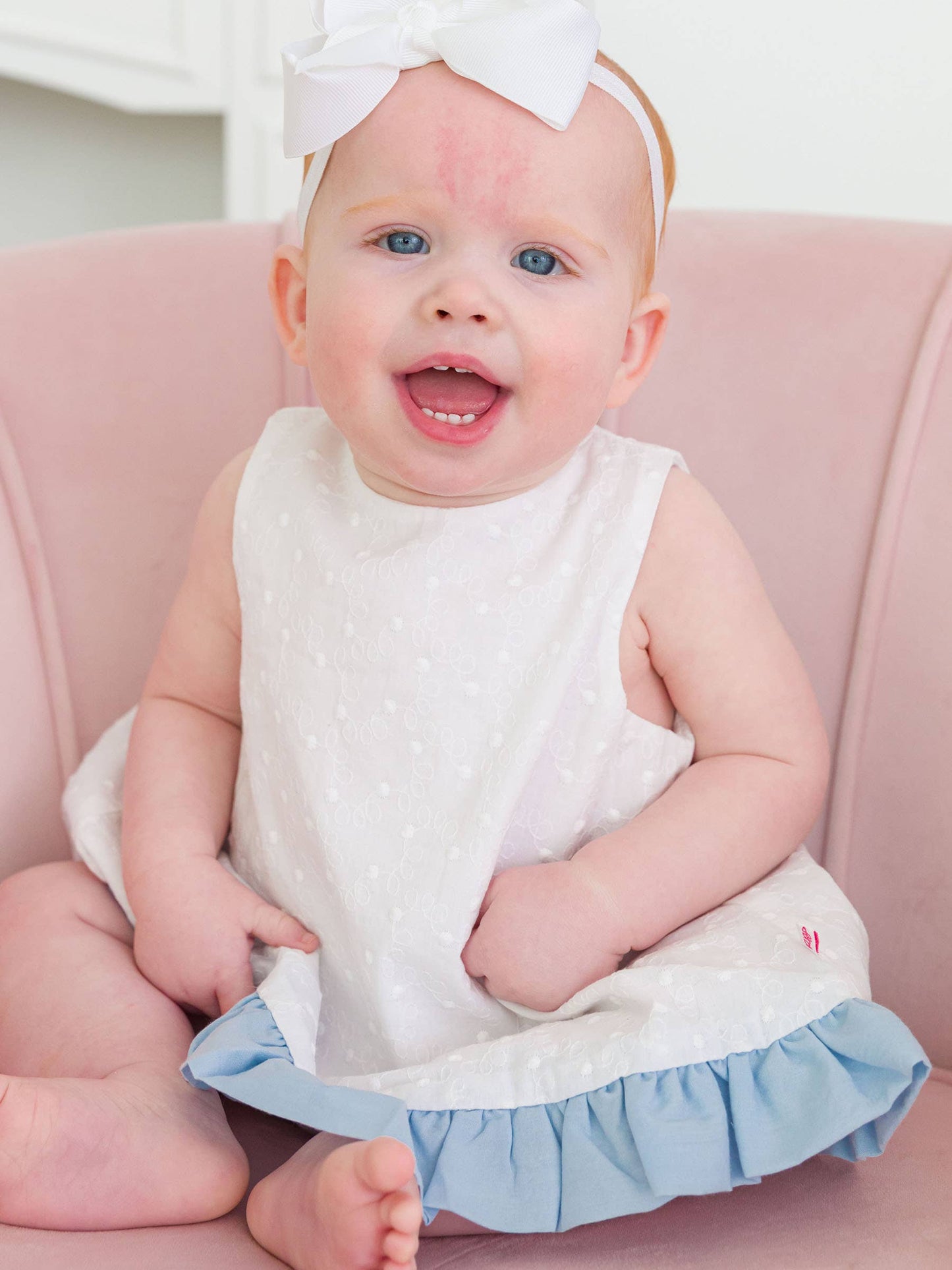 White & Light Blue Swiss Dot Swing Top & Bloomer Set