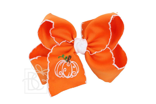 Embroidered Pumpkin Crochet Edge Bow: Orange-White Crochet Edge w/ Embroidered White Pumpkin / 5.5" Huge - 2.25" Crochet Edge Grosgrain Ribbon