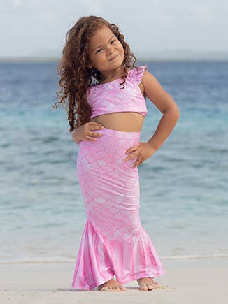 UPF 50+ 3 piece Mermaid Swim Set w/ Ruffle Shoulders Pixie Scales Pink