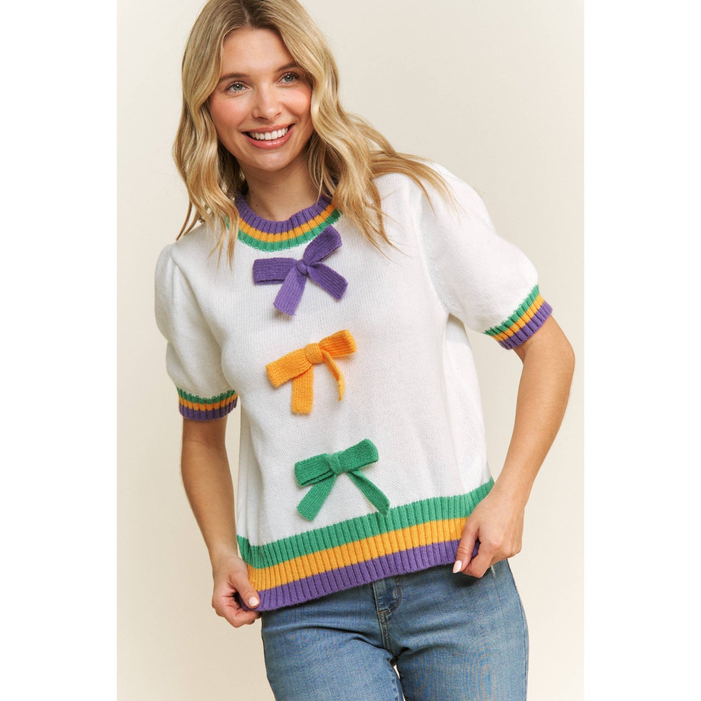 MARDI GRAS BOW DETAIL PUFF SLEEVE PULLOVER TOP