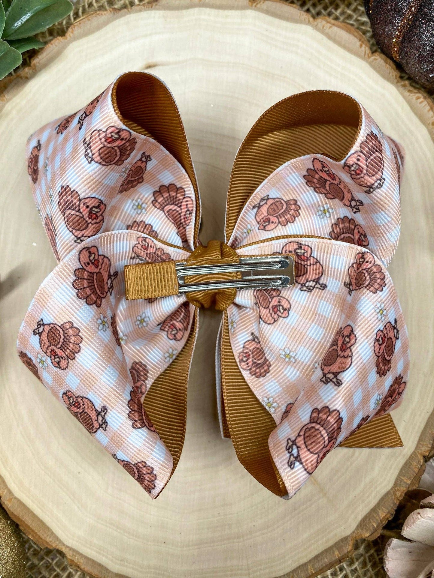 Turkey Print Gingham Bow | Thanksgiving Hair Bow