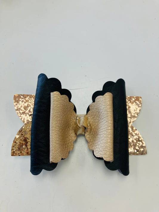 Medium black and gold scalloped glitter layered bow