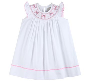 White and Pink Bows Smocked Bishop Dress