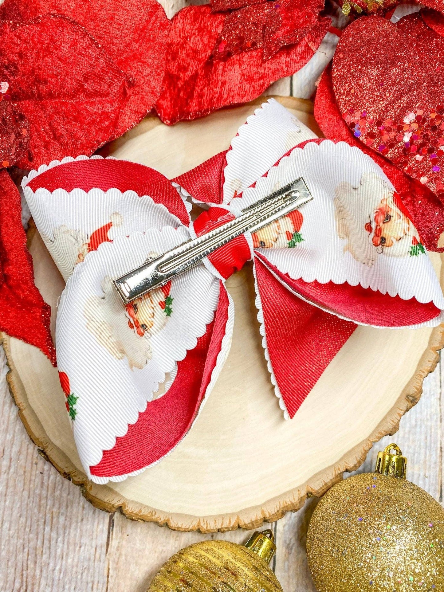 Scalloped Santa Print Glitter Hair Bow in Red