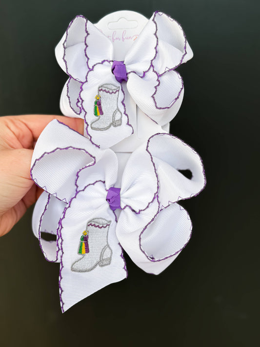 Mardi Gras Majorette Boot Moonstitch Hair Bow: 4 inch