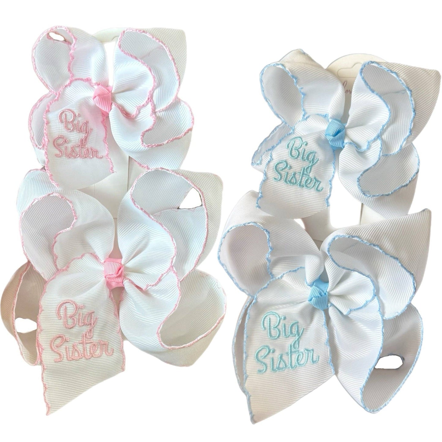 Big Sister Embroidered Moonstitch Hair Bow: Blue or Pink