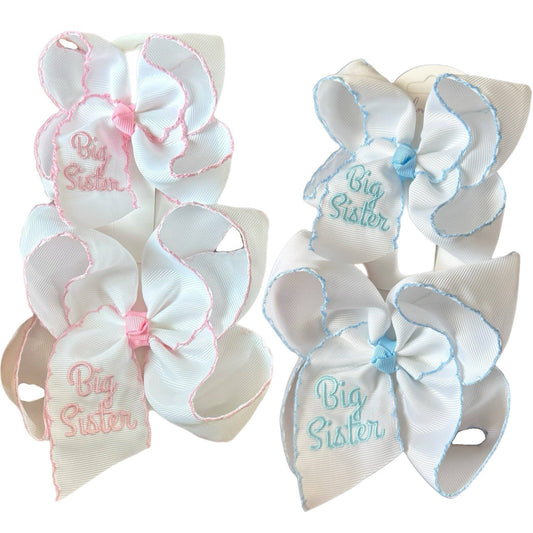 Big Sister Embroidered Moonstitch Hair Bow: Blue or Pink