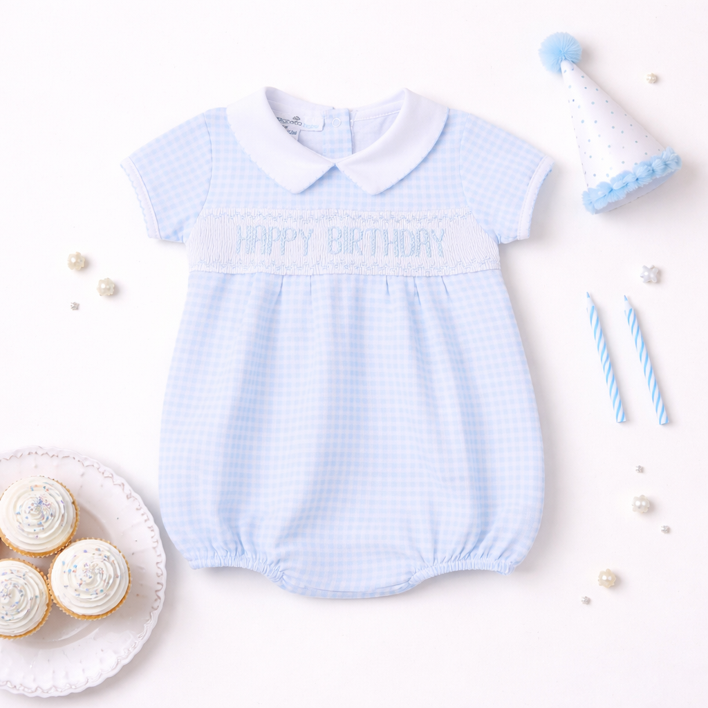 Light Blue Birthday Classics Smocked Short Sleeve Bubble