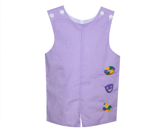 King cake, mask, and jester mardi gras shortall