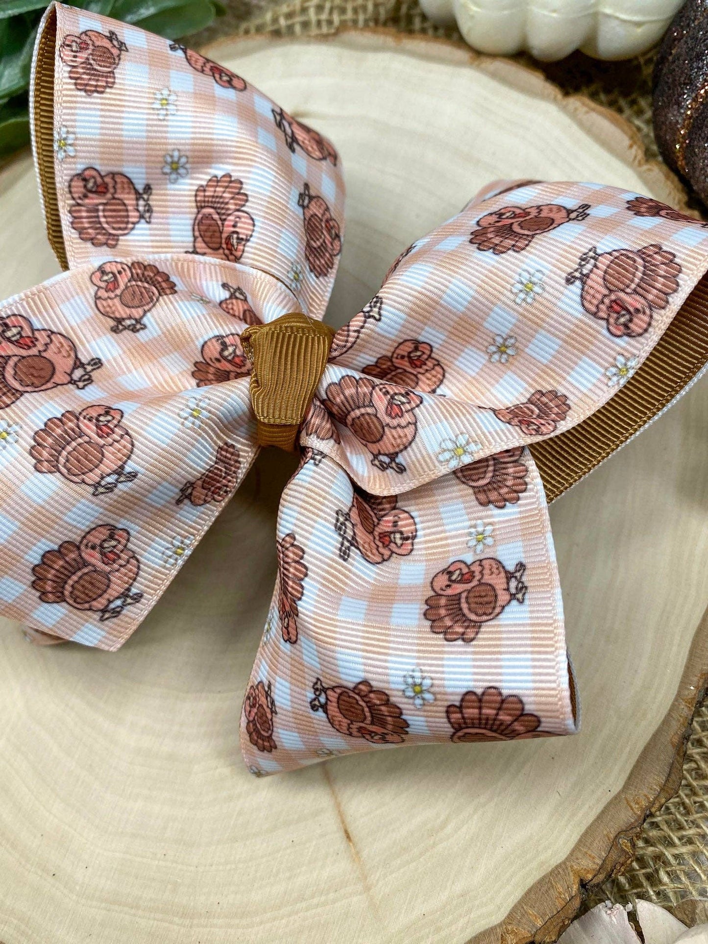 Turkey Print Gingham Bow | Thanksgiving Hair Bow