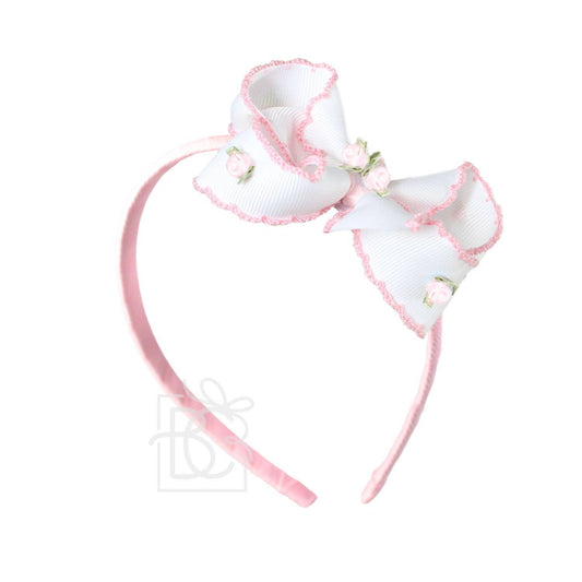 HEADBANDS  W/ 3.5 MED. FLOWER EMBELLISHED BOW: White w/ Light Pink Crochet Edge