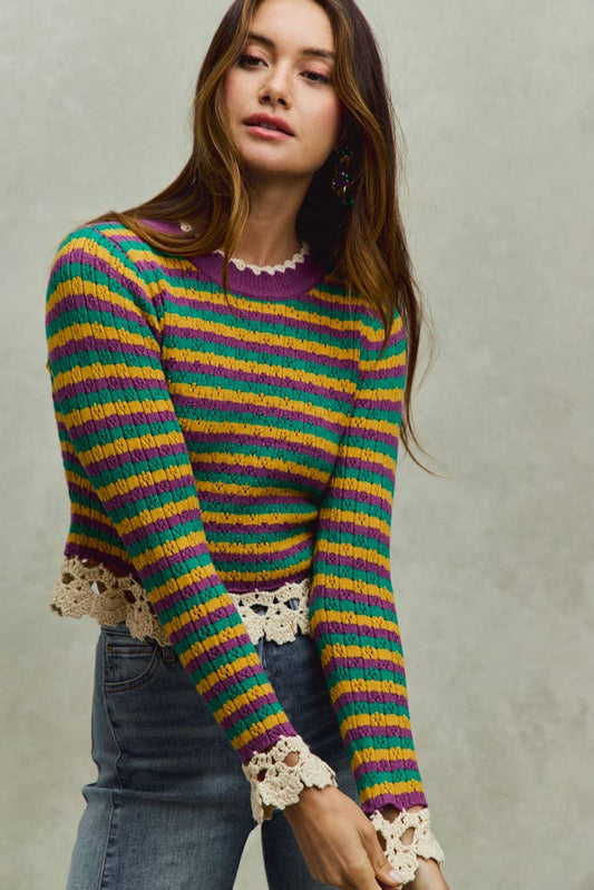 Mardi Gras Stripe Sweater Top With Crochet Edge