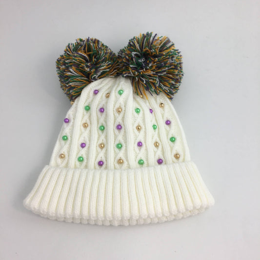 Pom Pom Mardi Gras Pearl Beanie Hat Matching Mom & Me